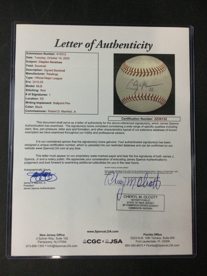 Clayton Kershaw SIGNED "22" Baseball L.A. Dodgers Future HOF JSA LOA