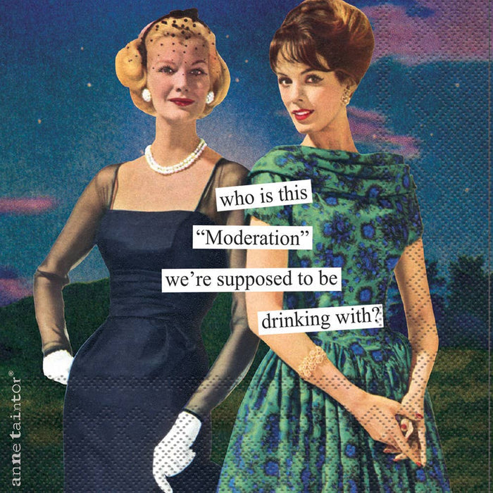 Anne Taintor paper napkins in a pack of 20. "who is this 'moderation' we're supposed to be drinking with"