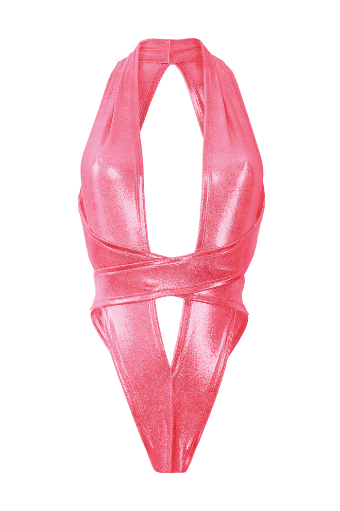 CRISS CROSS Hologram Bondage Bodysuit / RAVE Bodysuit / NEON CORAL,BODYSUITS - EXES LINGERIE