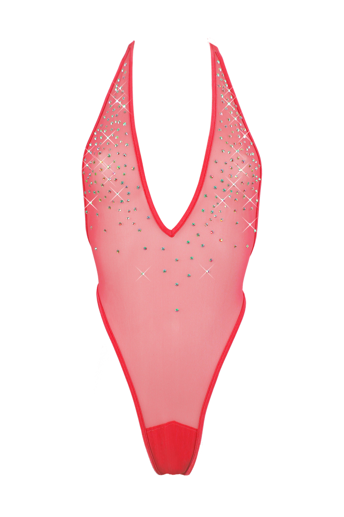 High Cut sheer Mesh Bodysuit SKINNY CRYSTALS / Sexy Lingerie Sheer Mesh / RED,BODYSUITS - EXES LINGERIE