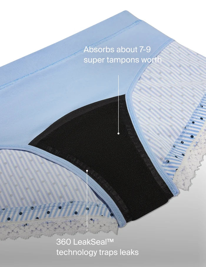 | On image text: Absorbs about 7-9 super tampons worth. 360 LeakSeal™ technology traps leaks | General