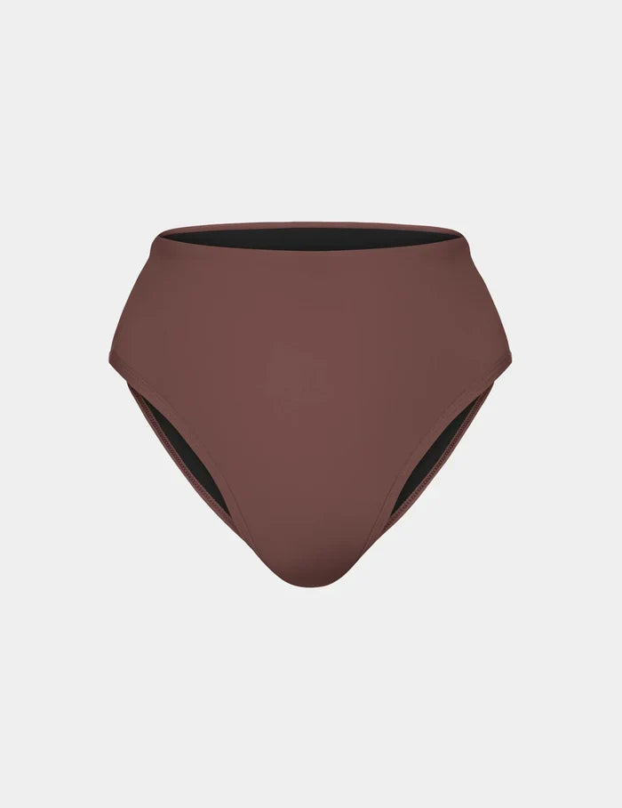 | Leakproof Sculpt High Rise Bikini Swim Bottom shown front-facing against a light gray background | Espresso