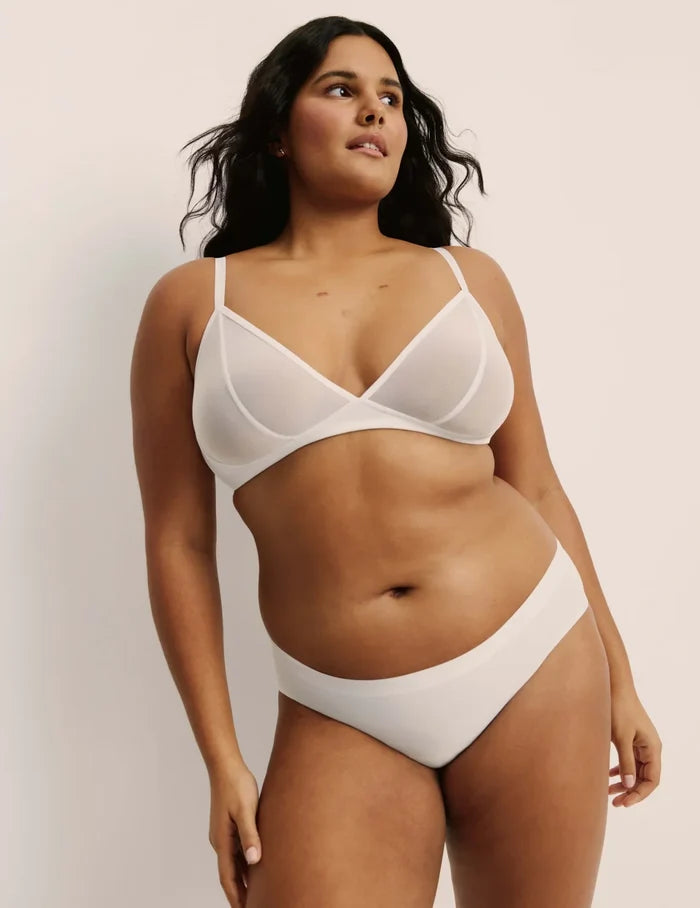| Front view of model highlighting the coverage and fit | White