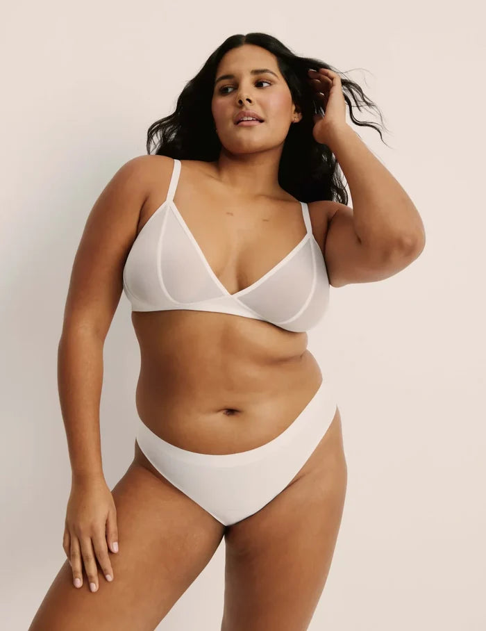 | Front view of model highlighting the coverage and fit | White