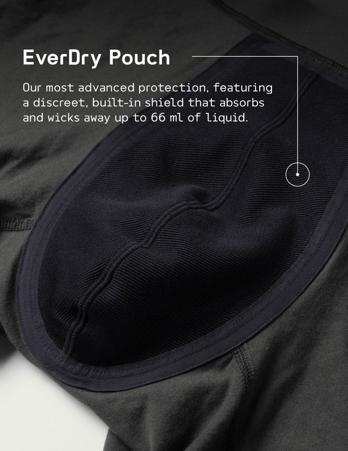 | Text on Image: EverDry Pouch - Our most advanced protection, featuring a discreet, built-in shield that absorbs and wicks away up to 66ml of liquid. | Pewter