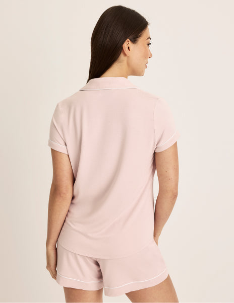 | Back view of model wearing the Modal Short Sleeve Sleep Set highlighting the coverage and fit | Hush/White
