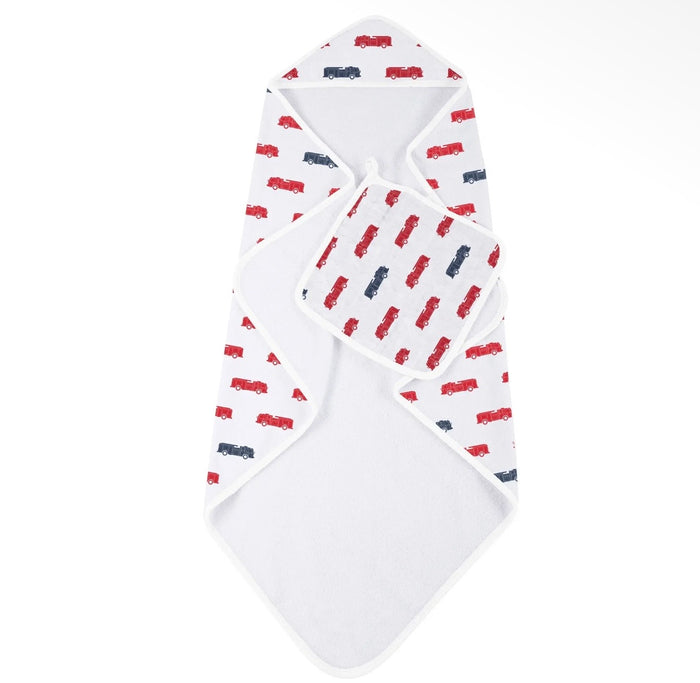 New Castle Classics Blue and Red Fire Trucks Hooded Towel and Washcloth Set