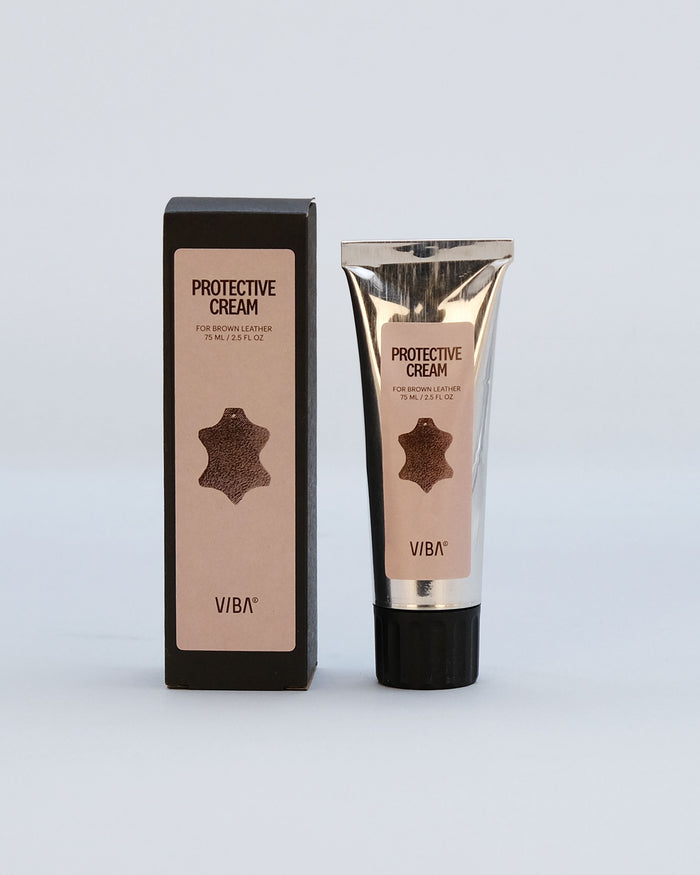 Brown protective cream tube and box labeled for brown leather, 75 ml, by VIBA.