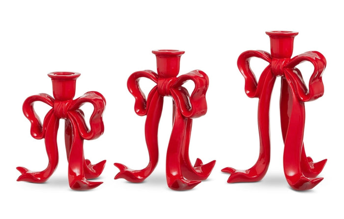 Raz 9” Red Bow Candlesticks - Set
