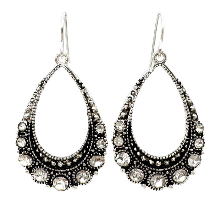 Teardrop dangle earrings with rhinestones inlaid in large(outside) to smaller (inside) the teardrop.