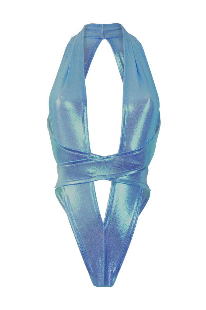 CRISS CROSS Hologram Bondage Bodysuit / RAVE Bodysuit / TURQ/AQUA,BODYSUITS - EXES LINGERIE