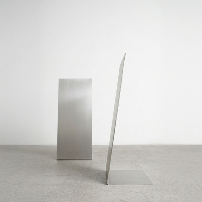 Front and side views of a slanted stainless steel floor sign.