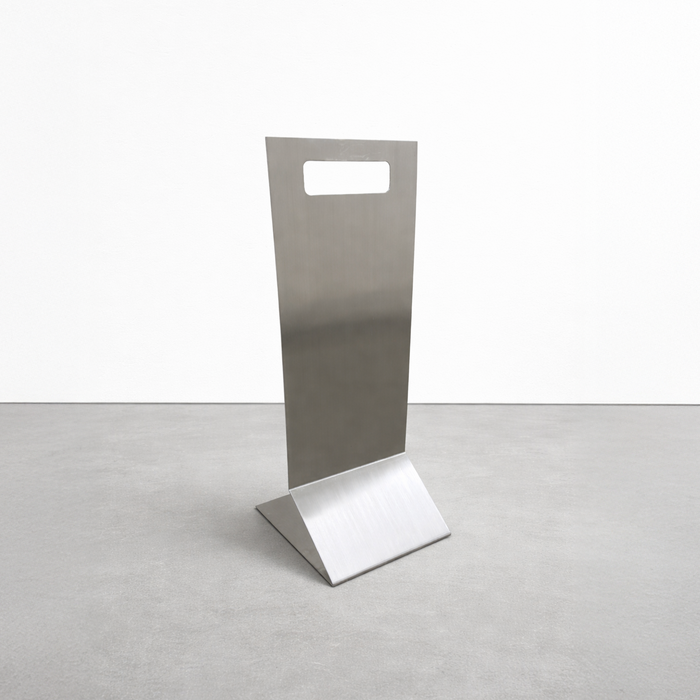 Blank freestanding stainless steel floor sign with a rectangular handle cutout and folded base.