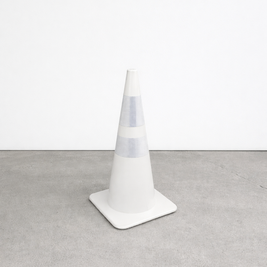 White traffic cone with two reflective bands and a square base.