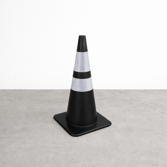 Black traffic cone with two white reflective bands and a square base.