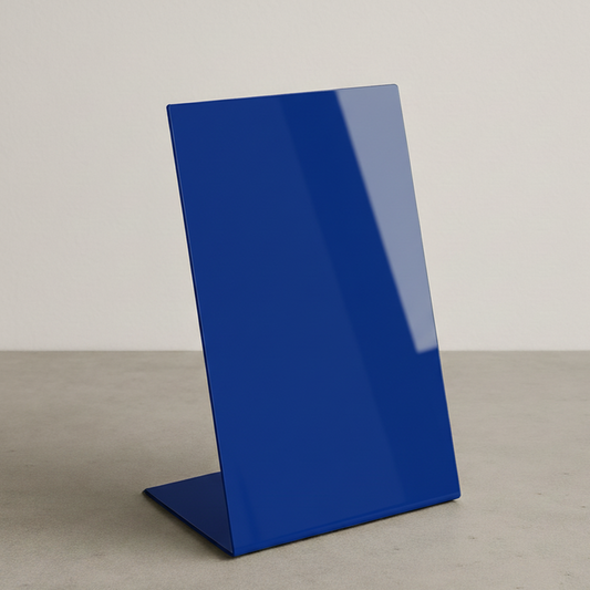 Blue opaque acrylic tabletop stand in portrait orientation.