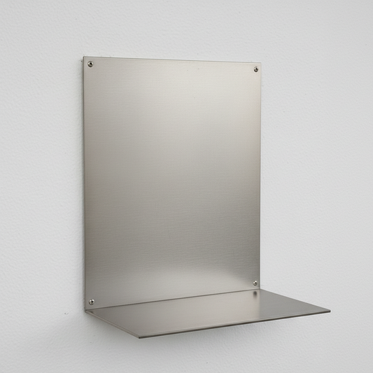 Stainless steel wall-mounted drink shelf with a rectangular backplate and four corner fixings.