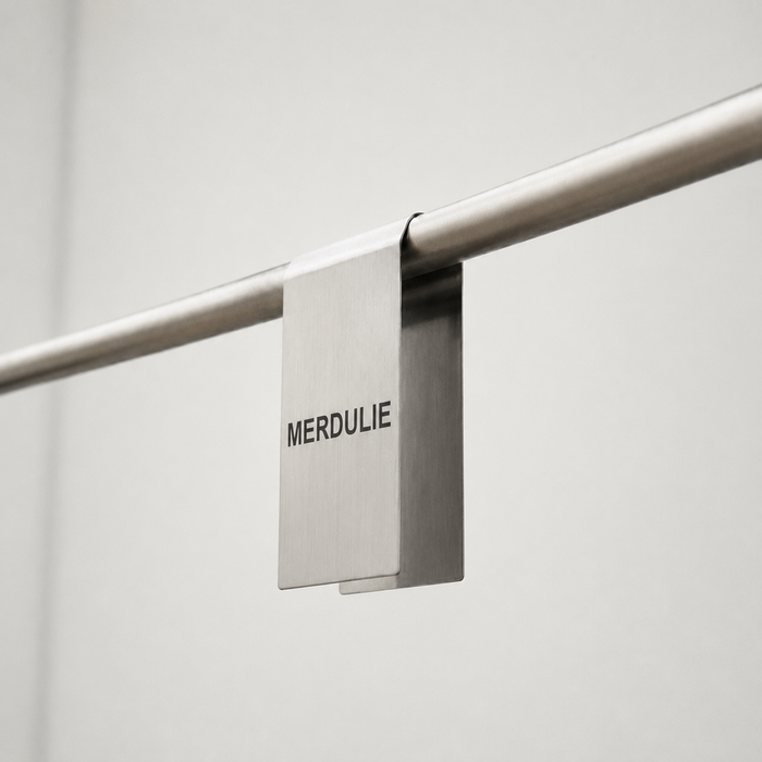 Brushed stainless steel clothing rack sign clip with Merdulié lettering on a rail.