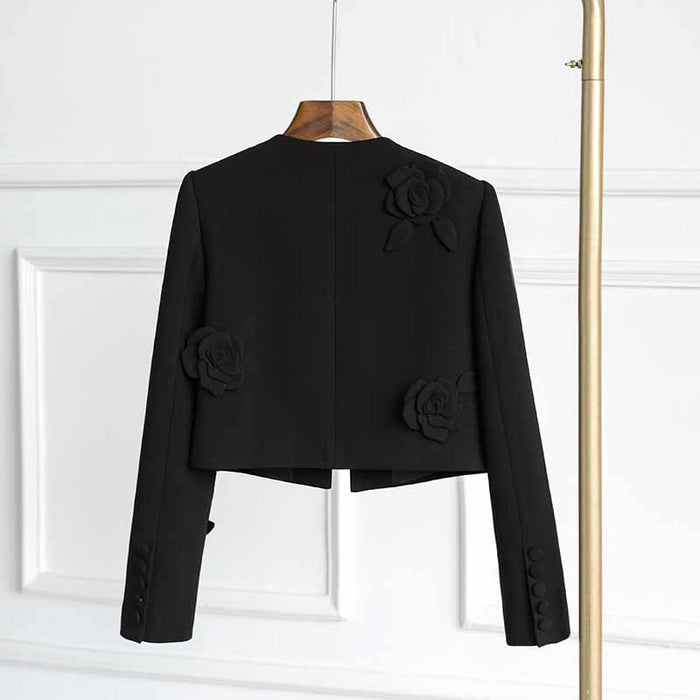 3D Flower Embellished Cardigan Black Double Crepe Jacket Short Coat