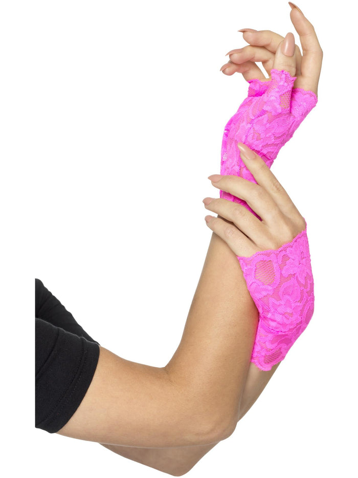 80s Fingerless Lace Gloves, Neon Pink