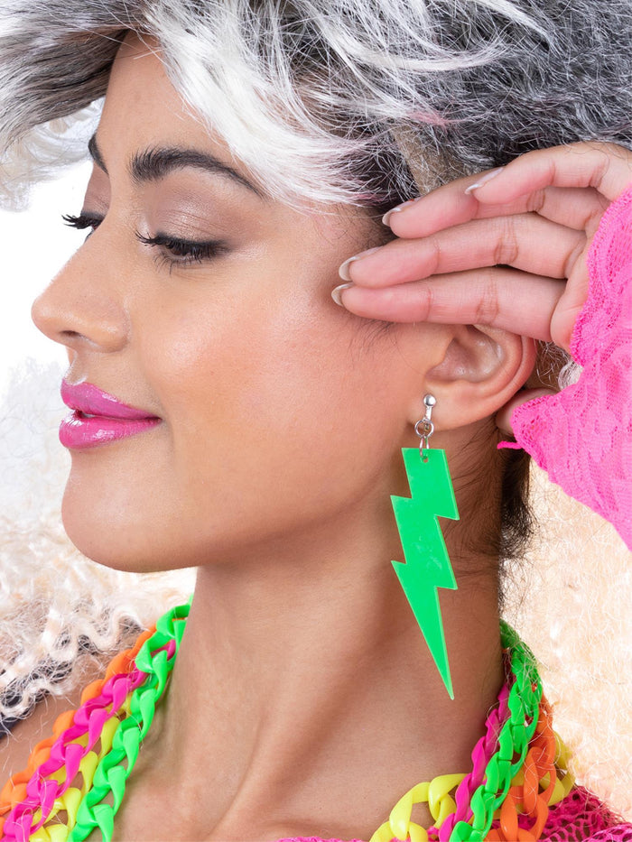 80s Neon Lightning Bolt Earrings, Green