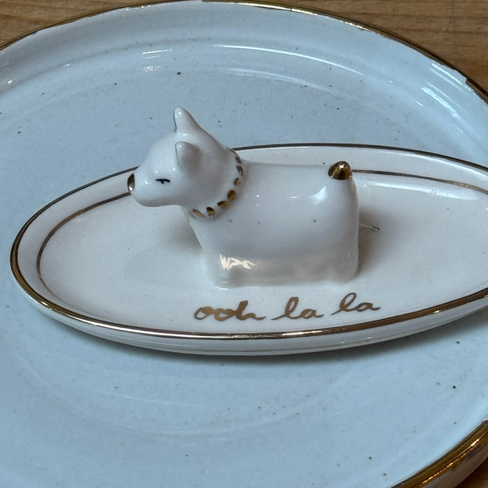 White Round Dish with Fancy Dog - 7" D