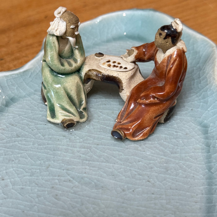 Celadon Dish with Mahjong Players - 8"L x 4.25"W