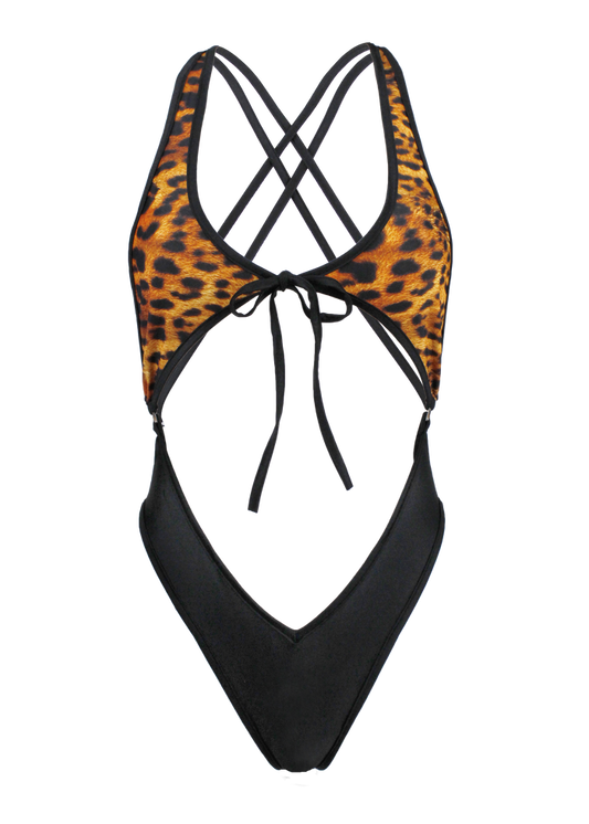Cut-out Tie Front Color Block Swimsuit - Animal Print One Piece / SPICA SWIM - EXES LINGERIE