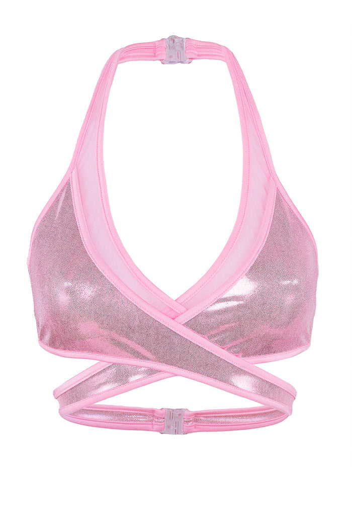 Cross-Over Halter Holographic Crop top / X-CROSS TOP / HOLO BABY PINK,TOPS - EXES LINGERIE