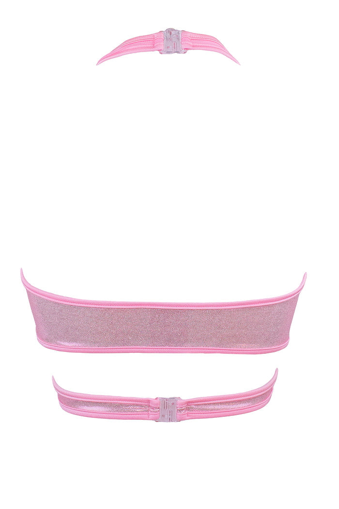 Cross-Over Halter Holographic Crop top / X-CROSS TOP / HOLO BABY PINK,TOPS - EXES LINGERIE