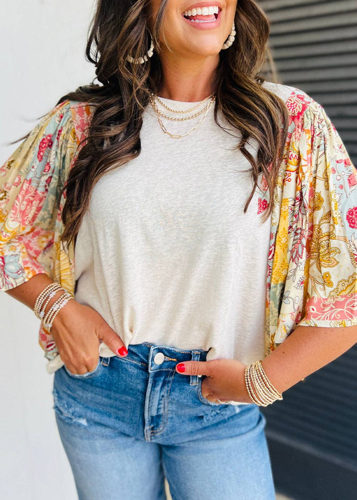 beige T-shirt with batwing style floral- vintage- vibe- sleeves 3/4 length