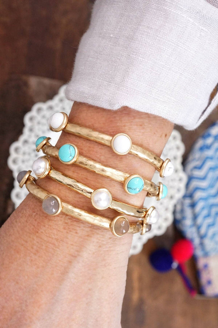 Jeweled Golden Bangle with semi precious stone dots Hammered gold tone Semi Precious dots - White, Grey, Dalmatian Jasper, Black, Rose Quartz, Turquoise, Pearls Stretchy - one size fits most