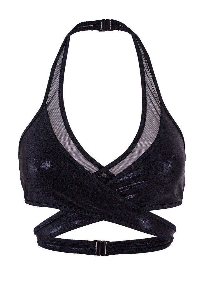 Cross-Over Halter Holgraphic Crop top / X-CROSS TOP / HOLO BLACK,TOPS - EXES LINGERIE