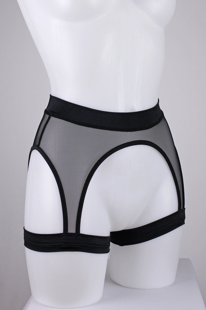 THIGH HIGH GARTER BELT / MESH BLACK,BOTTOMS - EXES LINGERIE