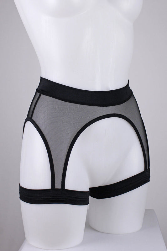 THIGH HIGH GARTER BELT / MESH BLACK,BOTTOMS - EXES LINGERIE