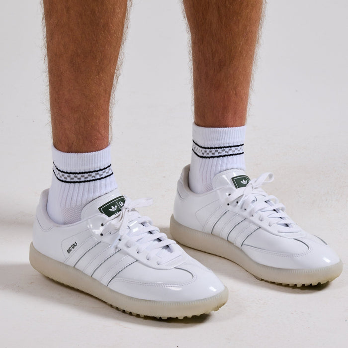 Del Campo Checkered Stripe Pack golf socks featuring all four checkered stripe colorways: pink, blue, green, and black/grey