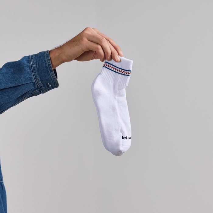 Del Campo Blue/Red Checkered Stripes golf socks, lifestyle shot