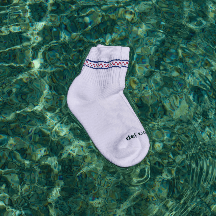 Del Campo Blue/Red Checkered Stripes golf socks, lifestyle shot