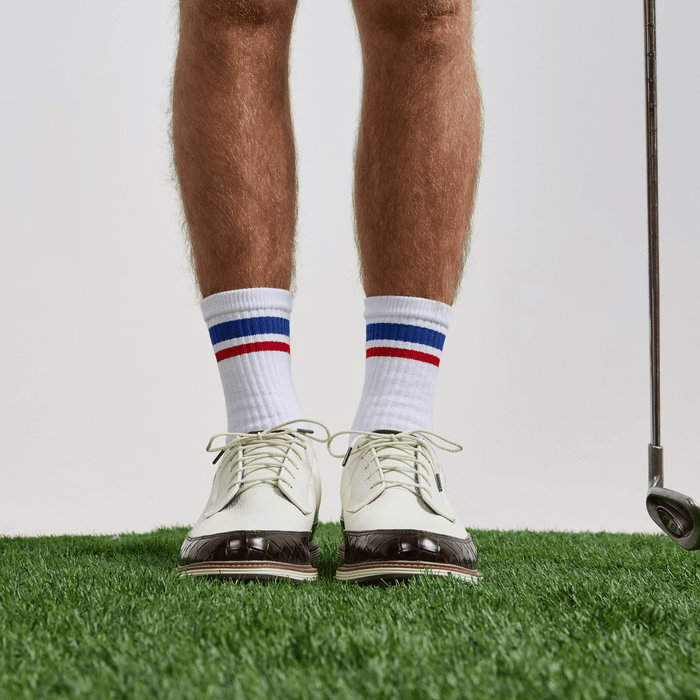 Del Campo Blue/Red Crew Stripe golf socks, lifestyle shot