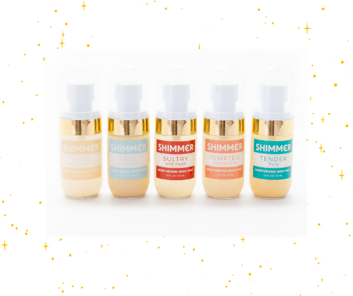 Shimmering body spray & moisturizer (in one) by mixology. Free, Tender, Sultry, Tempted and Bare fragrances.