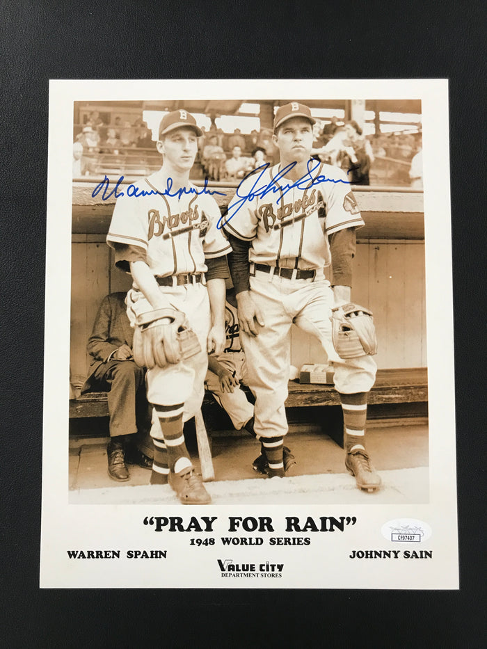 Boston Braves "Pray for Rain" Warren Spahn & Johnny Sain Dual Autograph 1948 World Series Photo