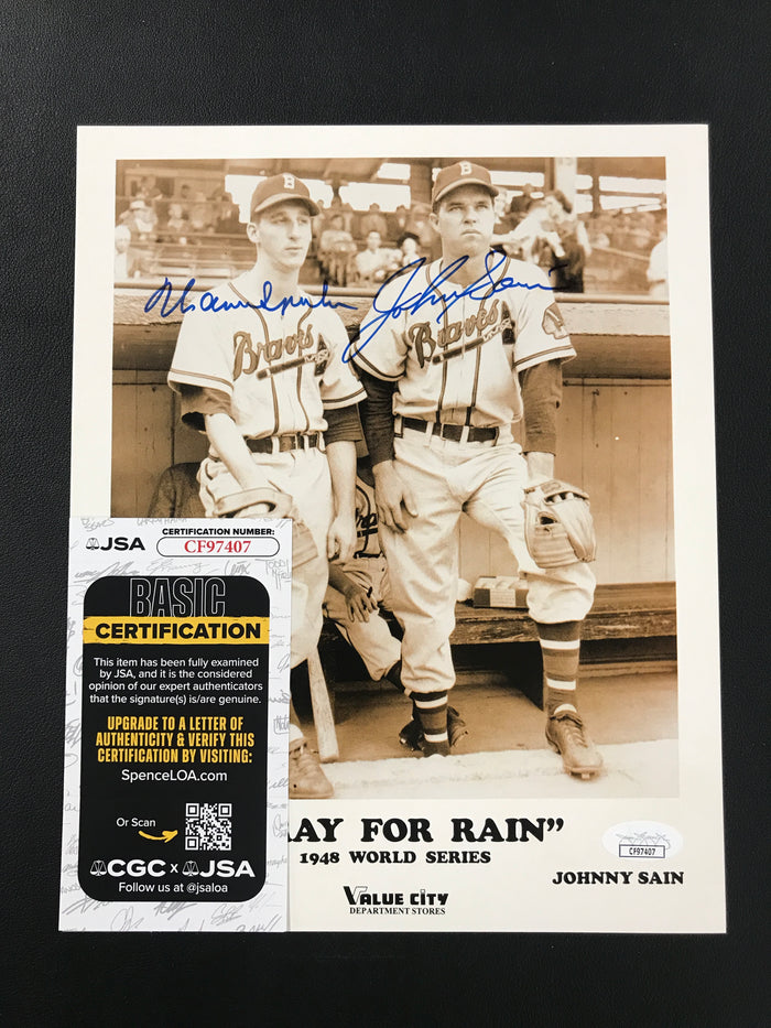 Boston Braves "Pray for Rain" Warren Spahn & Johnny Sain Dual Autograph 1948 World Series Photo