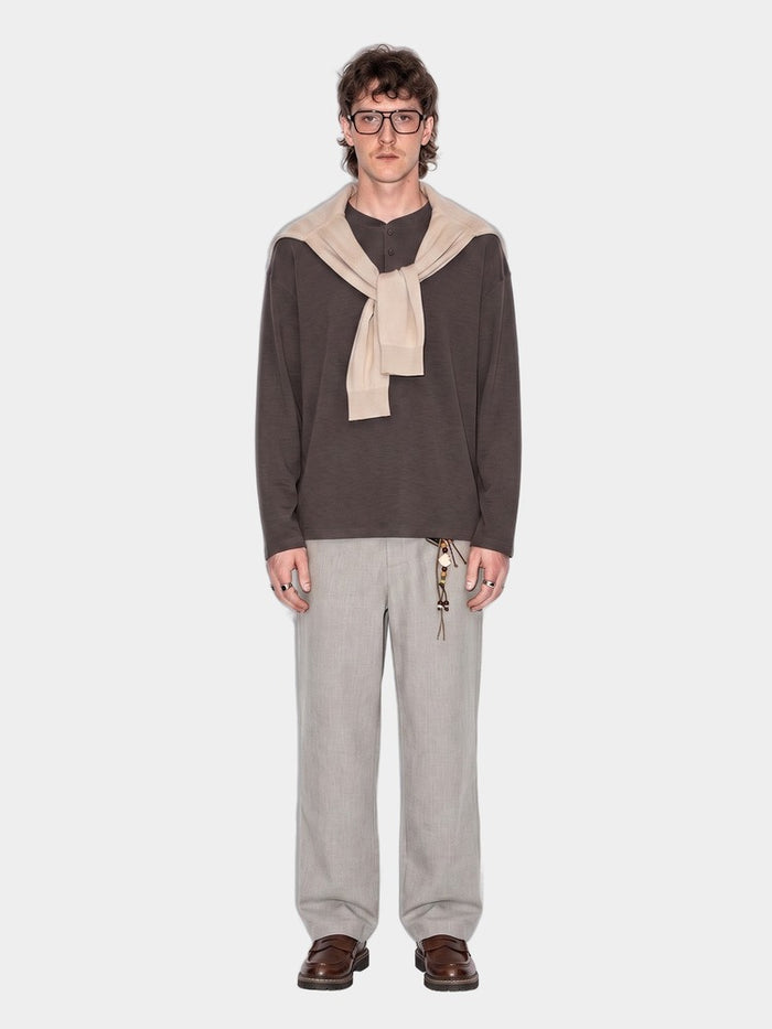 Paper Straight Bracken Henley chocolate — worn on model