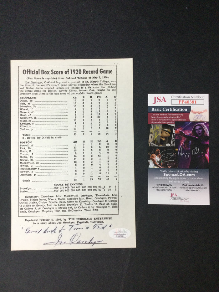Brooklyn Robins & Boston Braves 1920 longest game ever box score Signed by pitcher Joe Oeschger