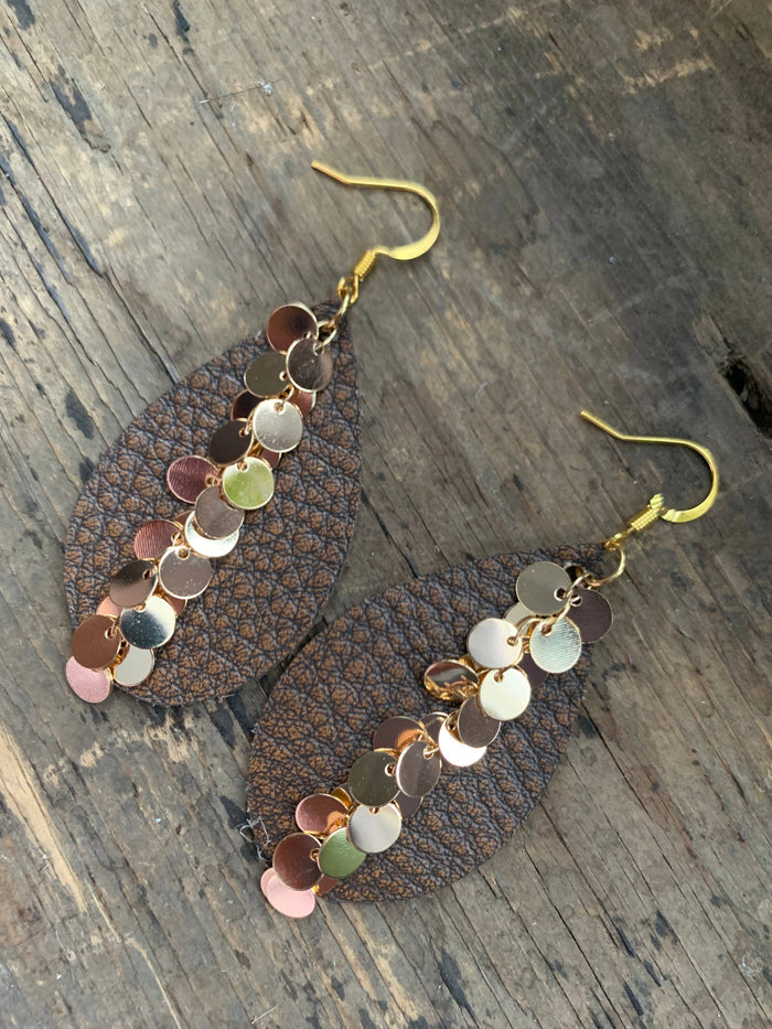 Brown Gold Dangle Chain Leather Earring