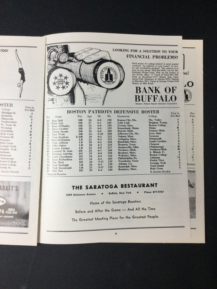 Buffalo Bills Vs. Boston Patriots 1964 Program Excellent Condition Jack Kemp