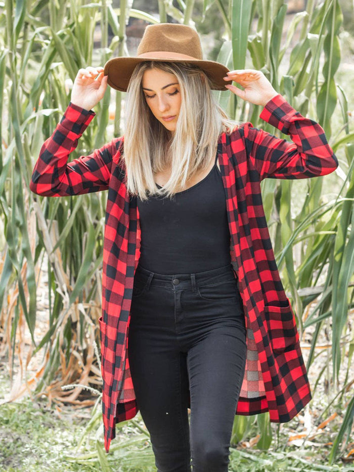 Buffalo plaid open- pocketed- cardigan.
