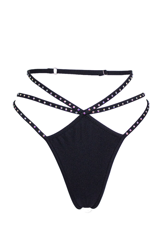 Cage thong with crystals scrunch back / ÉTOILE BLACK,BOTTOMS - EXES LINGERIE