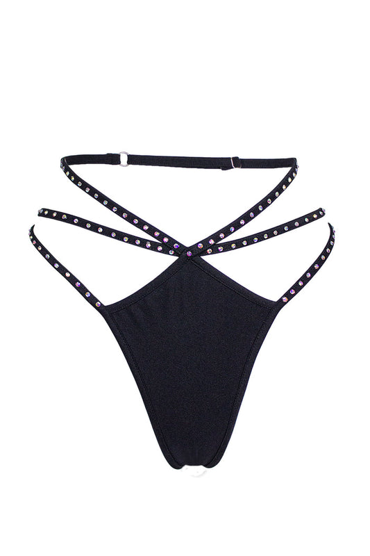 Cage thong with crystals scrunch back / ÉTOILE BLACK,BOTTOMS - EXES LINGERIE