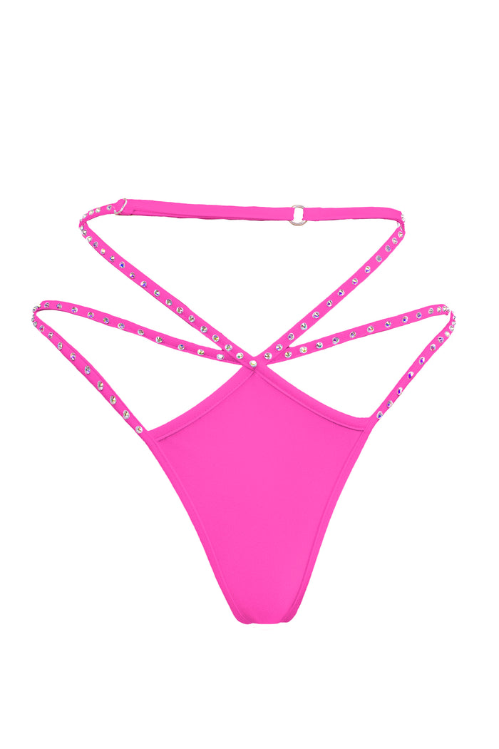 Cage thong with crystals scrunch back / ÉTOILE NEON PINK,BOTTOMS - EXES LINGERIE